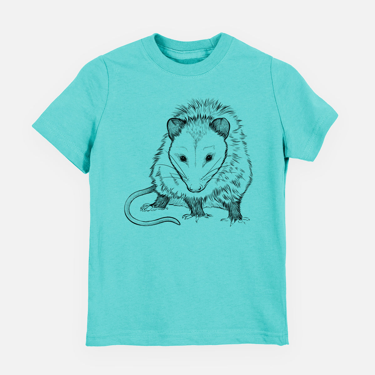 Caribbean blue youth t-shirt laid flat, printed with a detailed black ink illustration of a Virginia opossum standing with its long tail curled.