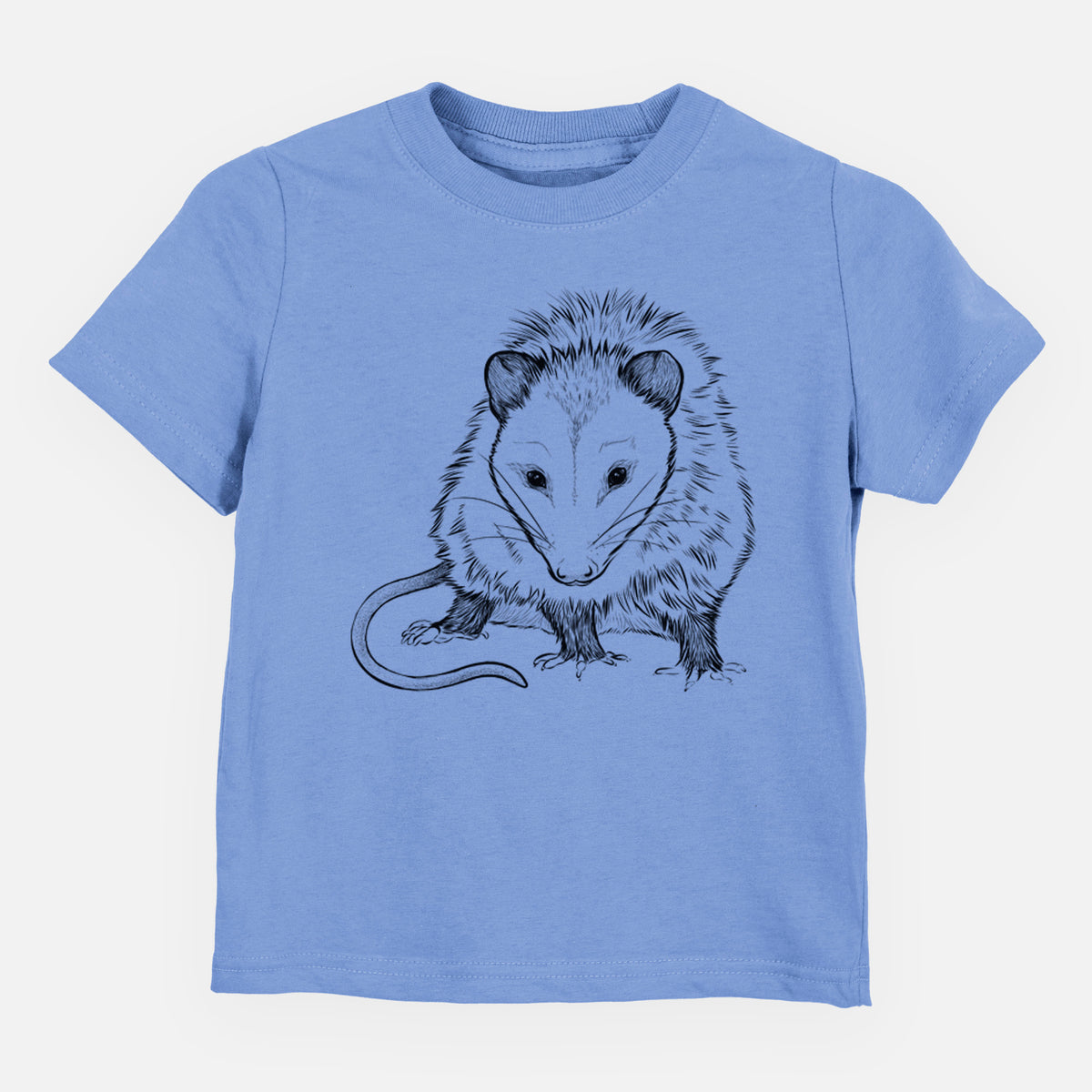Carolina blue toddler t-shirt laid flat, printed with a detailed black ink illustration of a Virginia opossum standing with its long tail curled.