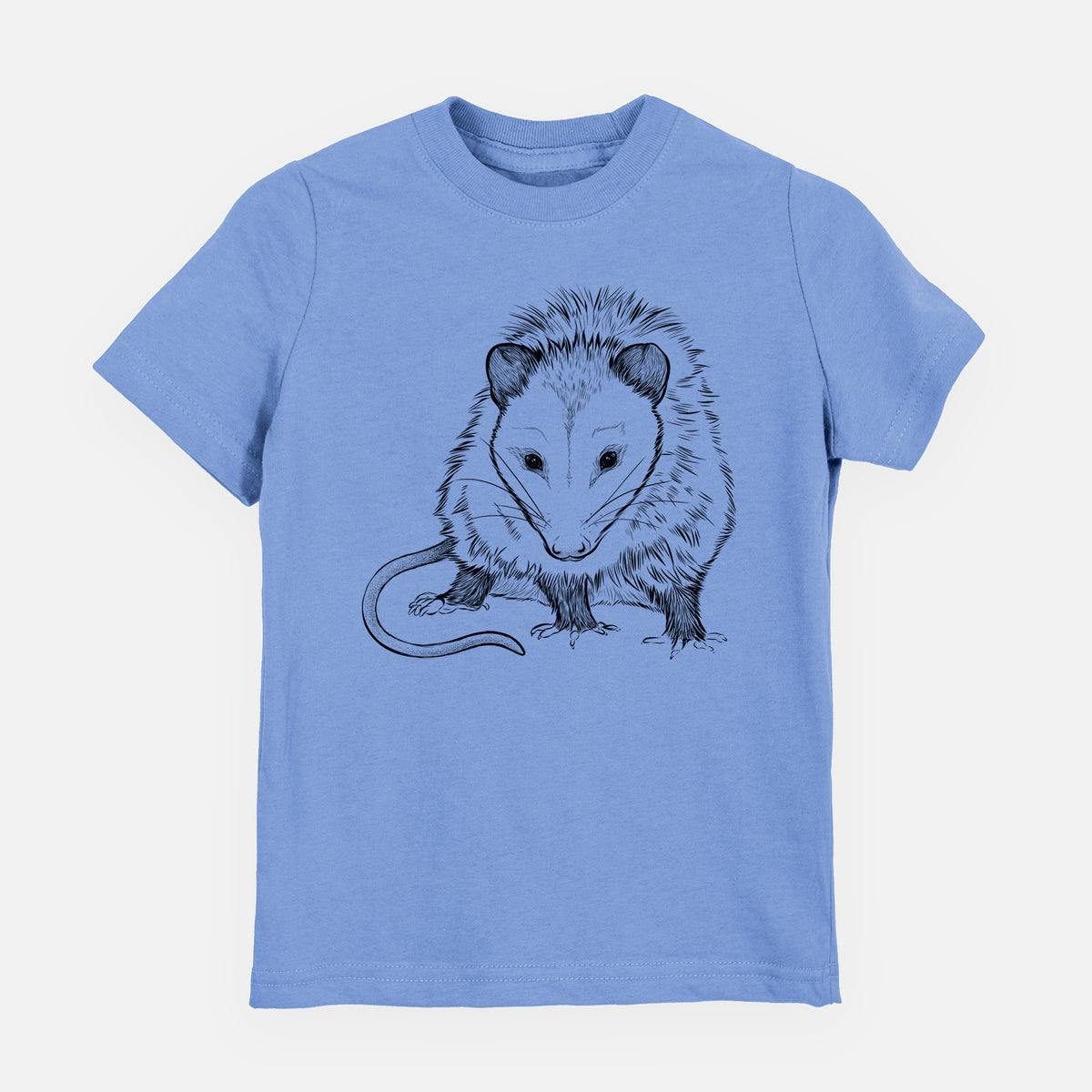 Carolina blue youth t-shirt laid flat, printed with a detailed black ink illustration of a Virginia opossum standing with its long tail curled.