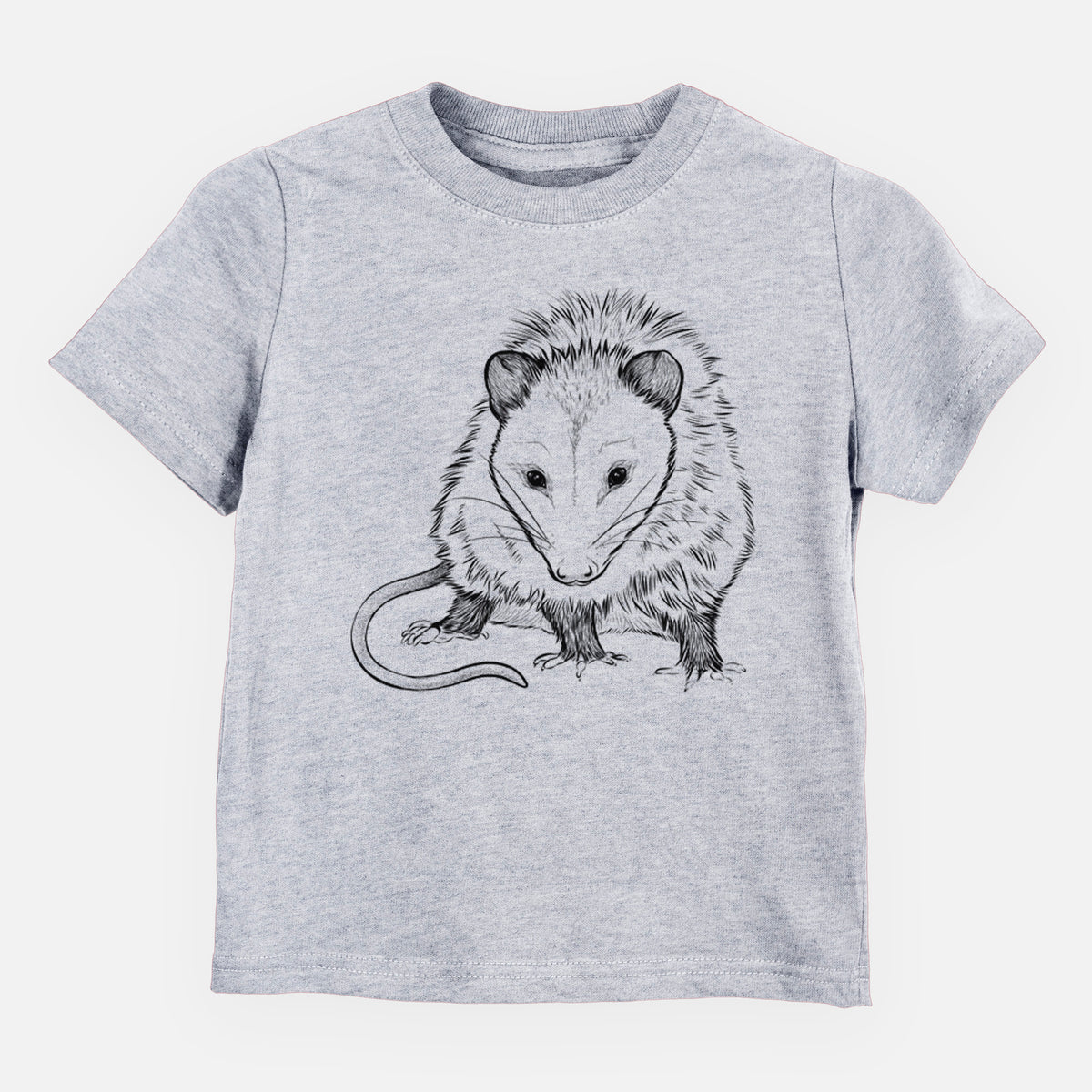 Heather grey toddler t-shirt laid flat, printed with a detailed black ink illustration of a Virginia opossum standing with its long tail curled.