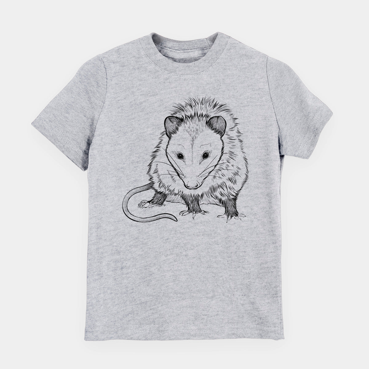 Heather grey youth t-shirt laid flat, printed with a detailed black ink illustration of a Virginia opossum standing with its long tail curled.