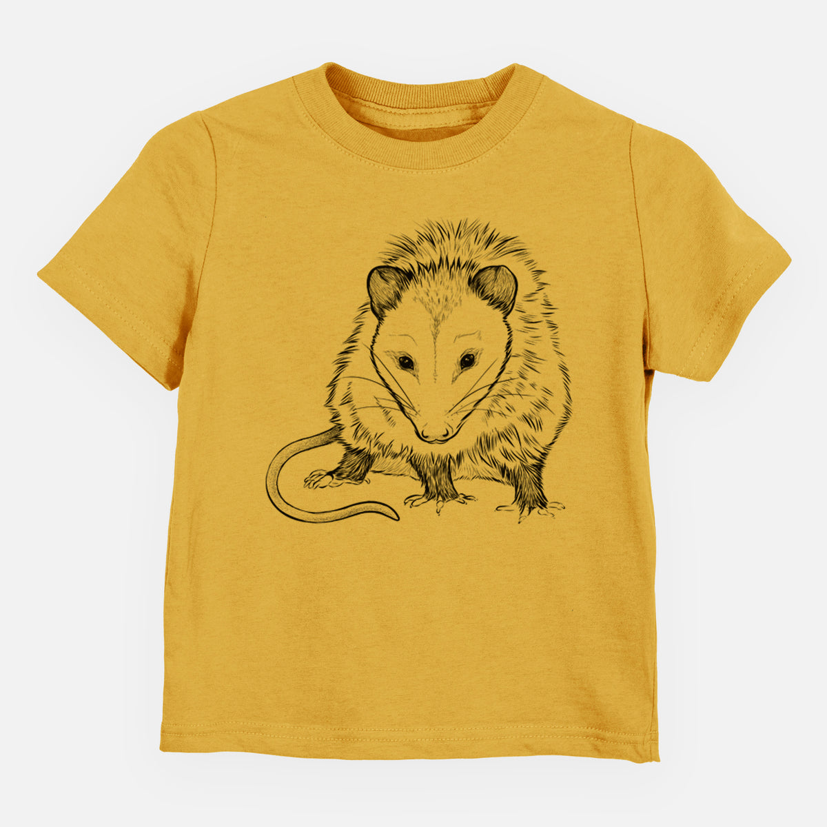 Honeycomb yellow toddler t-shirt laid flat, printed with a detailed black ink illustration of a Virginia opossum standing with its long tail curled.