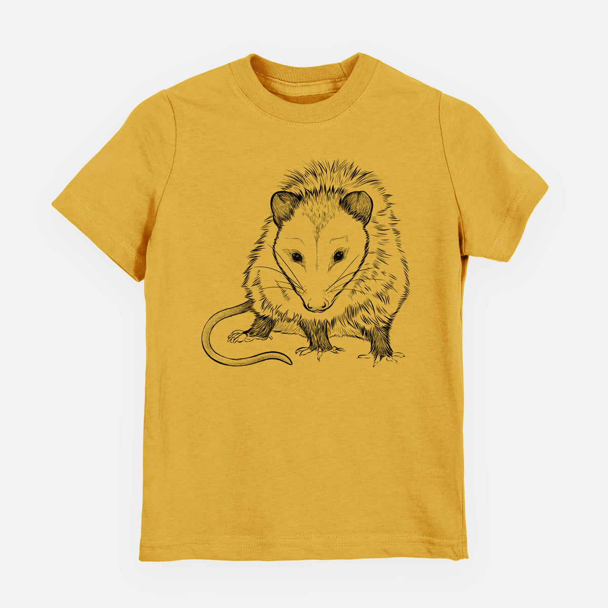 Honeycomb yellow youth t-shirt laid flat, printed with a detailed black ink illustration of a Virginia opossum standing with its long tail curled.