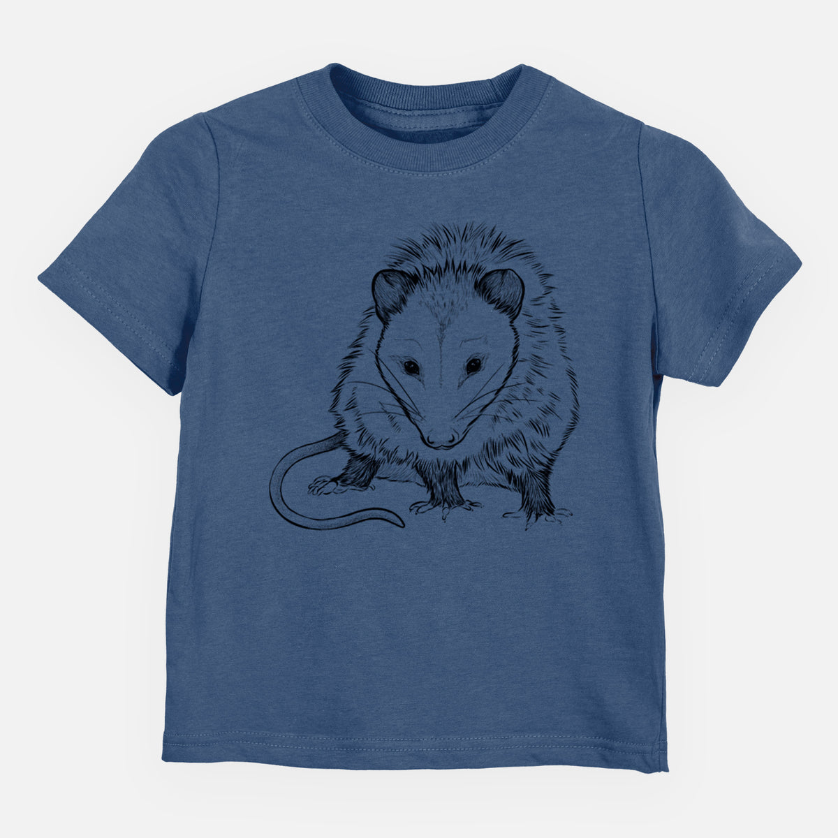 Indigo blue toddler t-shirt laid flat, printed with a detailed black ink illustration of a Virginia opossum standing with its long tail curled.