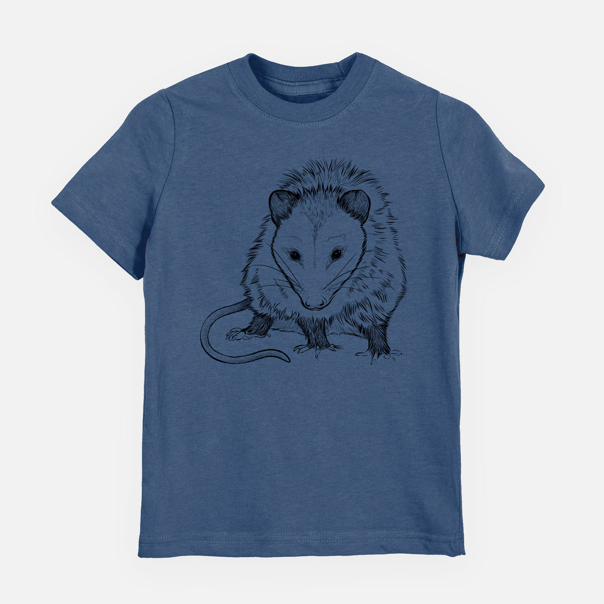 Indigo blue youth t-shirt laid flat, printed with a detailed black ink illustration of a Virginia opossum standing with its long tail curled.