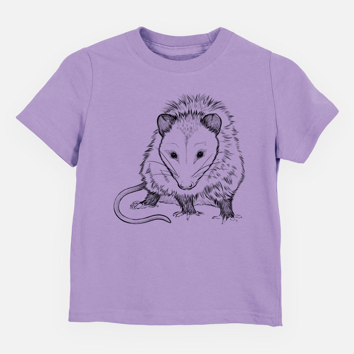 Lavender toddler t-shirt laid flat, printed with a detailed black ink illustration of a Virginia opossum standing with its long tail curled.