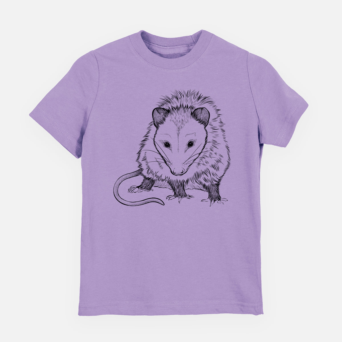 Lavender youth t-shirt laid flat, printed with a detailed black ink illustration of a Virginia opossum standing with its long tail curled.