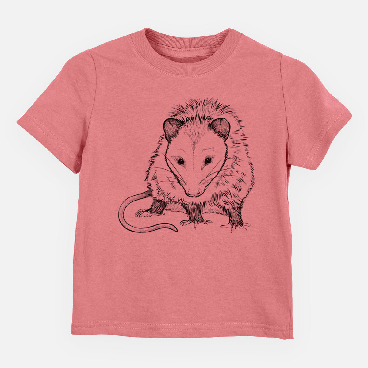 Mauve pink toddler t-shirt laid flat, printed with a detailed black ink illustration of a Virginia opossum standing with its long tail curled.