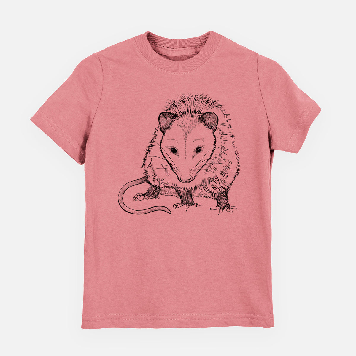 Mauve pink youth t-shirt laid flat, printed with a detailed black ink illustration of a Virginia opossum standing with its long tail curled.