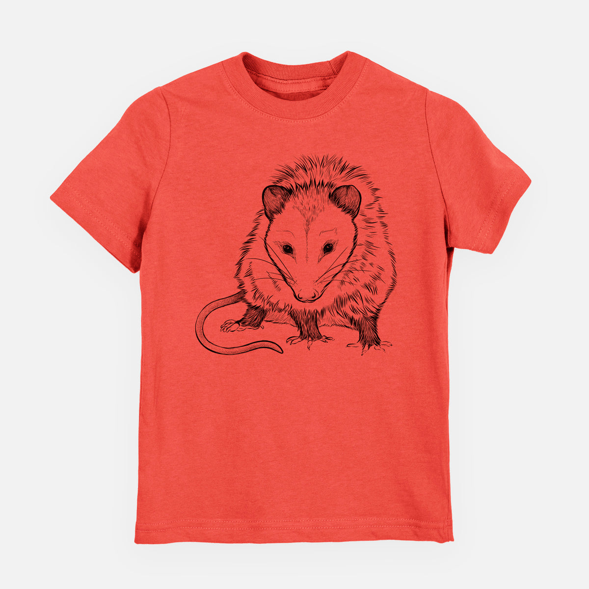 Passionfruit pink youth t-shirt laid flat, printed with a detailed black ink illustration of a Virginia opossum standing with its long tail curled.