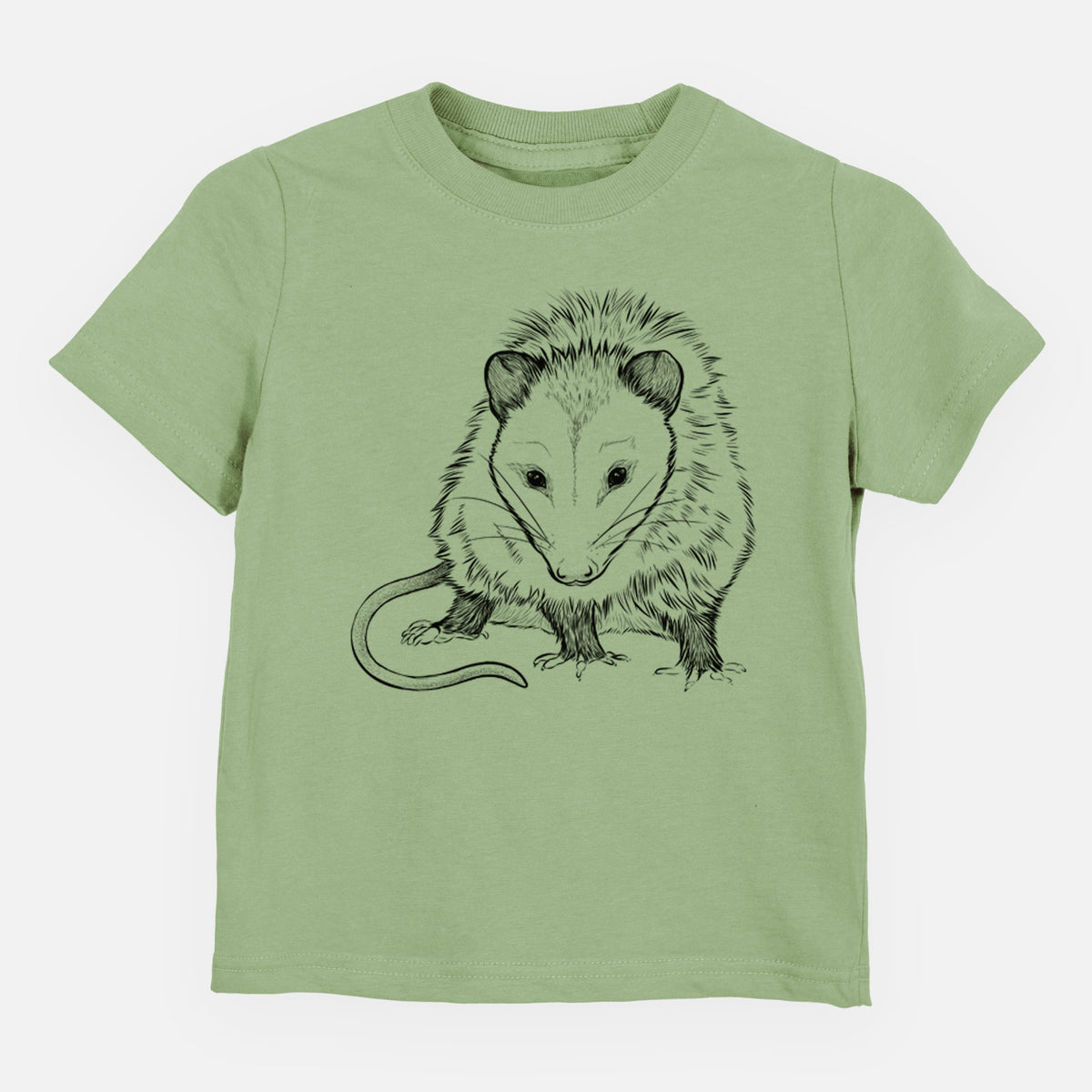 Sage green toddler t-shirt laid flat, printed with a detailed black ink illustration of a Virginia opossum standing with its long tail curled.
