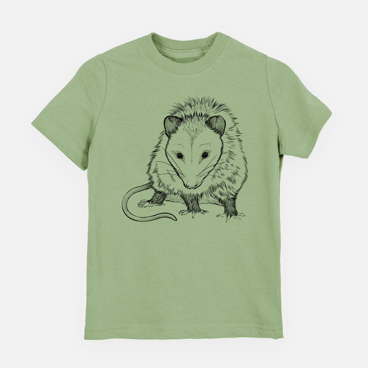 Sage green youth t-shirt laid flat, printed with a detailed black ink illustration of a Virginia opossum standing with its long tail curled.