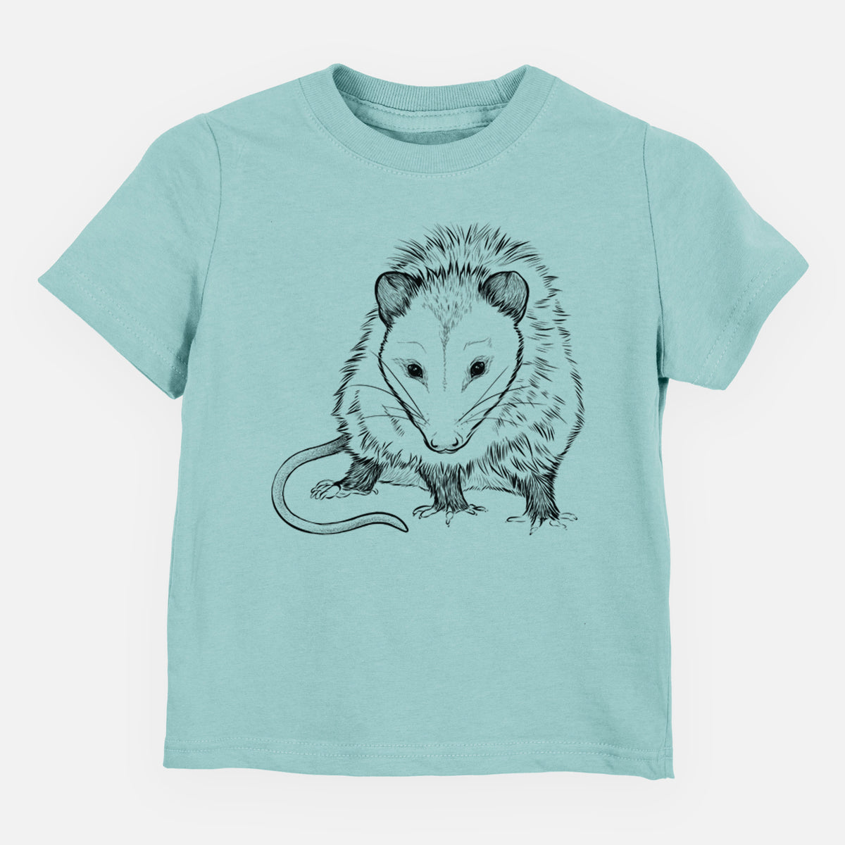 Saltwater toddler t-shirt laid flat, printed with a detailed black ink illustration of a Virginia opossum standing with its long tail curled.