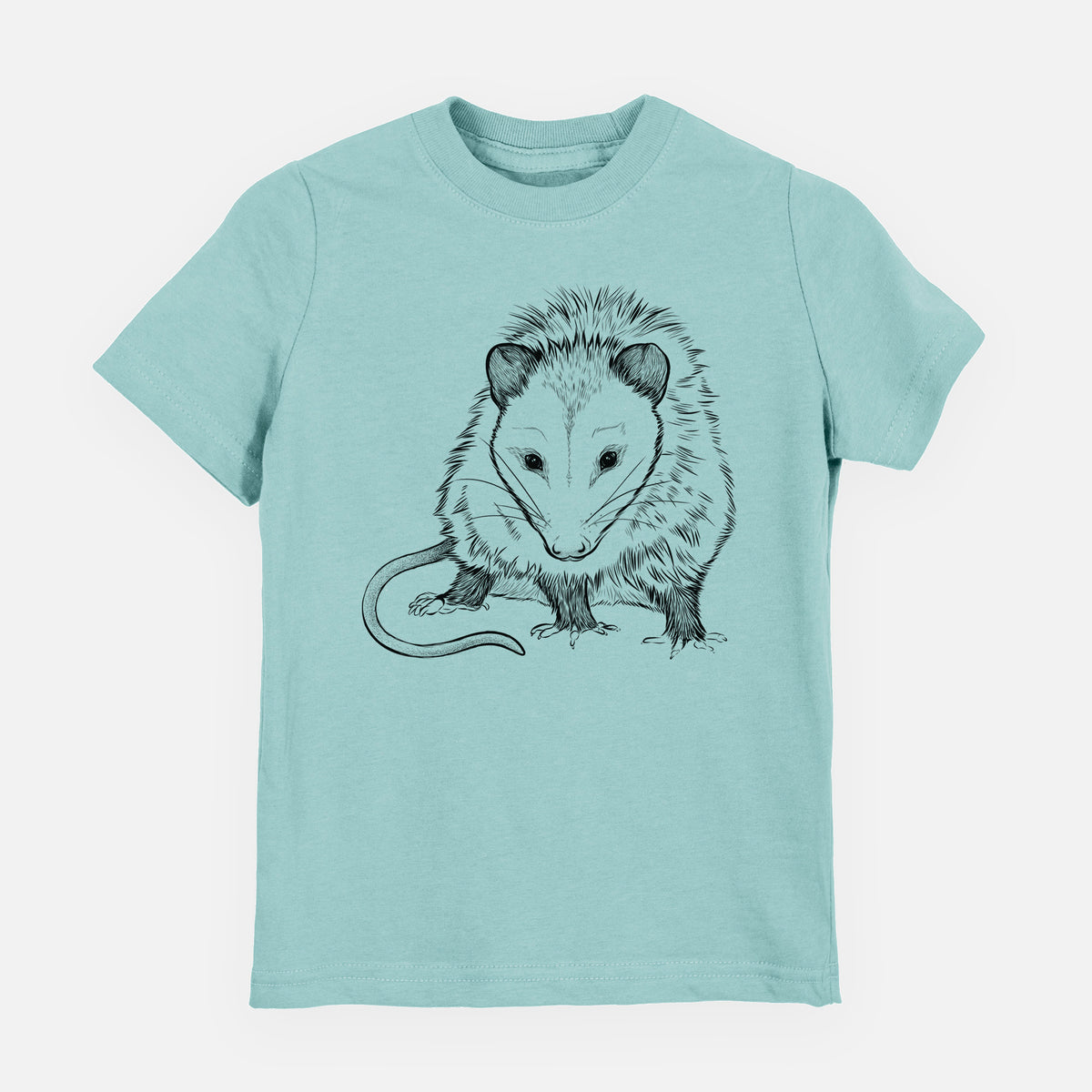 Saltwater youth t-shirt laid flat, printed with a detailed black ink illustration of a Virginia opossum standing with its long tail curled.
