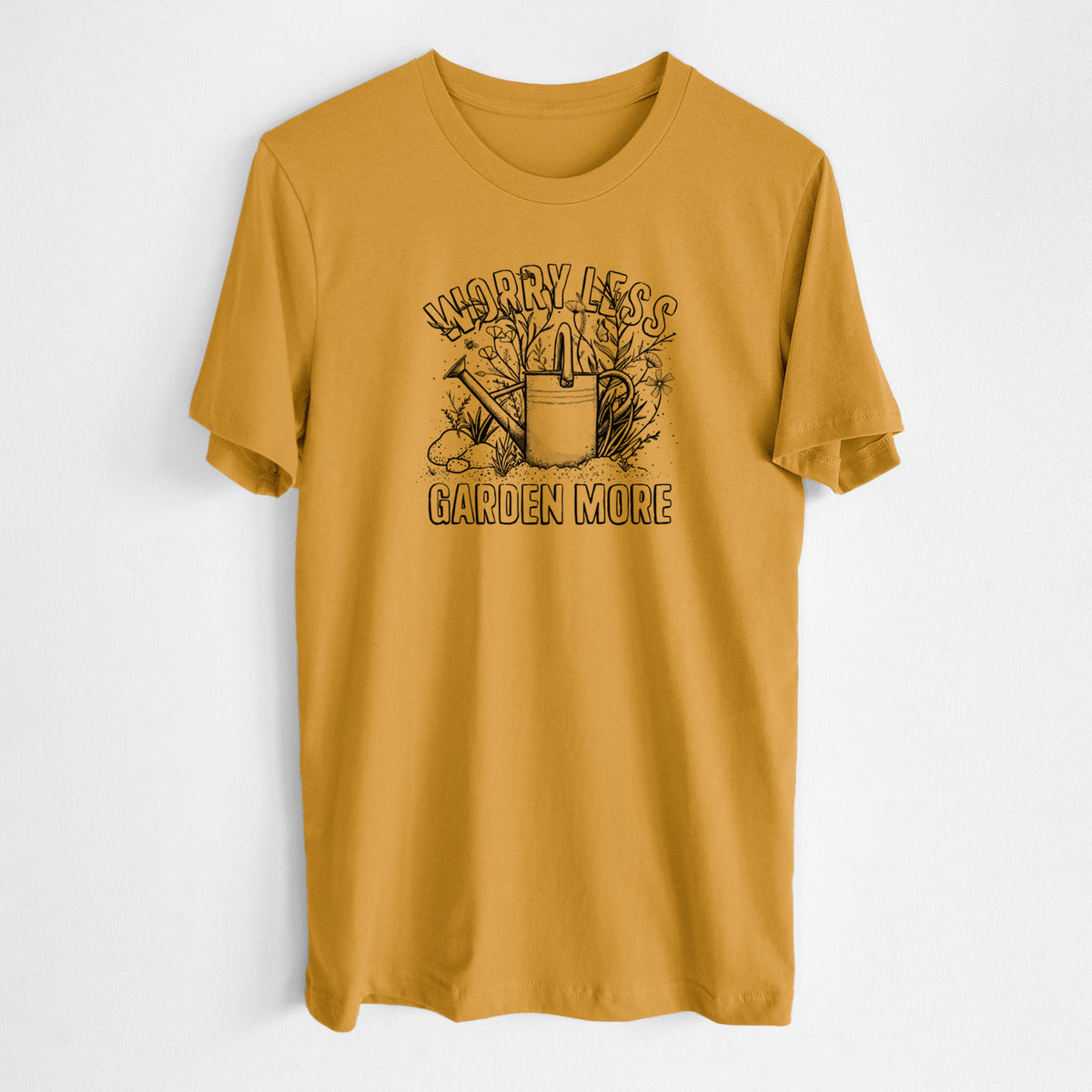 Honeycomb yellow lightweight cotton t-shirt laid flat, printed with a black ink watering can surrounded by flowers and garden tools, with the words Worry Less, Garden More.