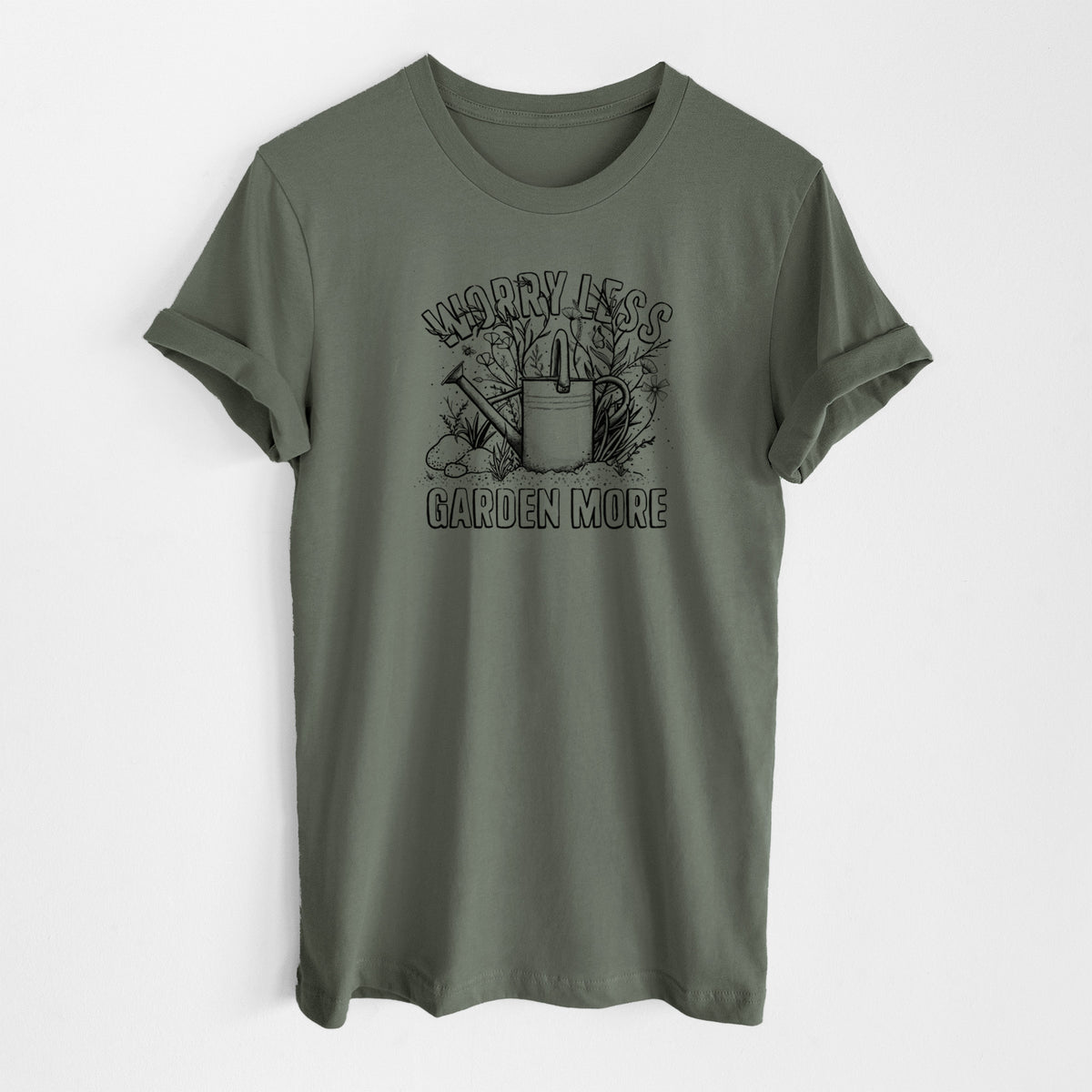 Military green lightweight cotton t-shirt laid flat, printed with a black ink watering can surrounded by flowers and garden tools, with the words Worry Less, Garden More.