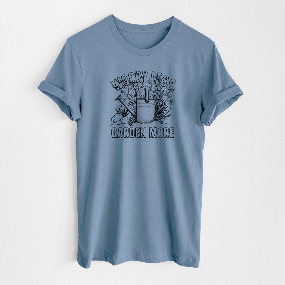 Steel blue lightweight cotton t-shirt laid flat, printed with a black ink watering can surrounded by flowers and garden tools, with the words Worry Less, Garden More.