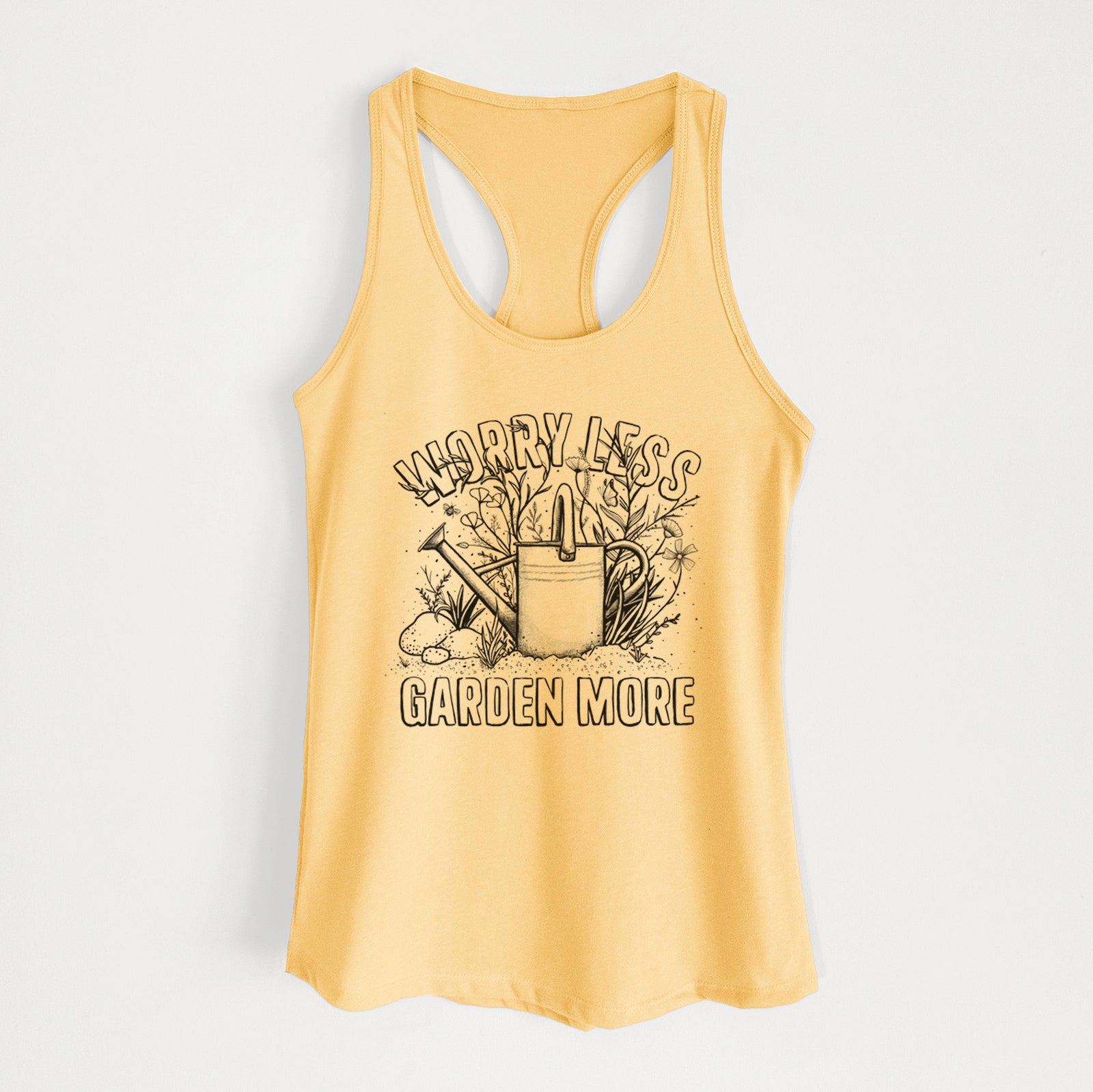 Banana cream women's racerback tank top laid flat, printed with a black ink watering can surrounded by flowers and garden tools, with the words Worry Less, Garden More.
