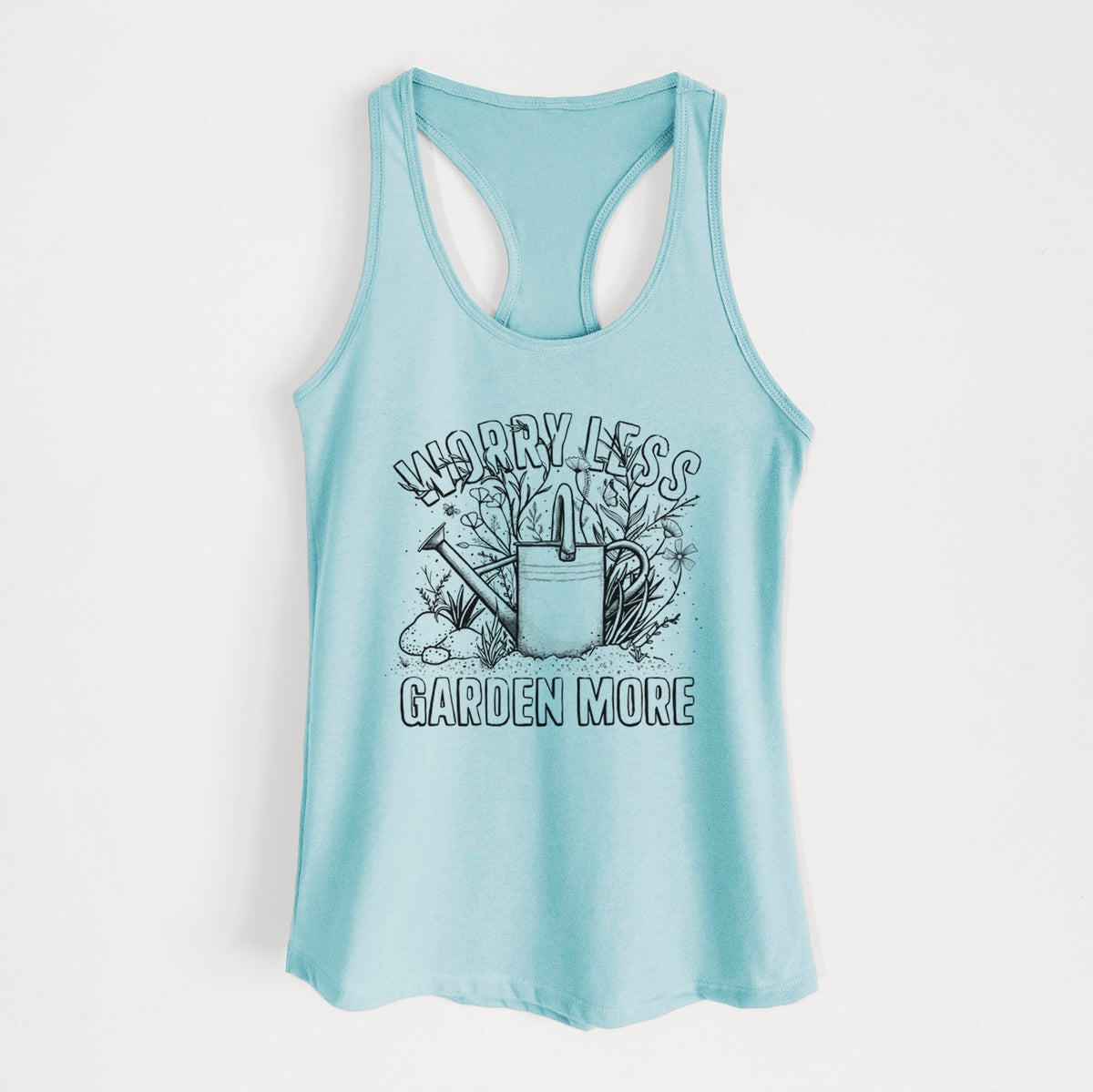 Cancun blue women's racerback tank top laid flat, printed with a black ink watering can surrounded by flowers and garden tools, with the words Worry Less, Garden More.