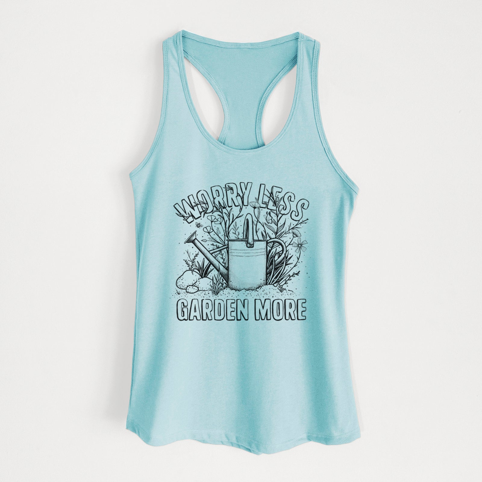 Banana cream women's racerback tank top laid flat, printed with a black ink watering can surrounded by flowers and garden tools, with the words Worry Less, Garden More.