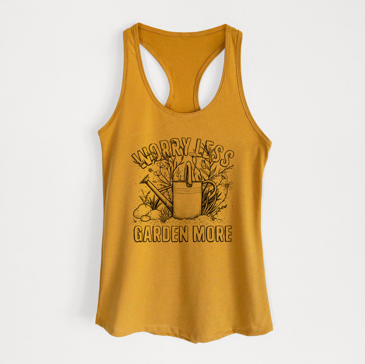 Gold women's racerback tank top laid flat, printed with a black ink watering can surrounded by flowers and garden tools, with the words Worry Less, Garden More.