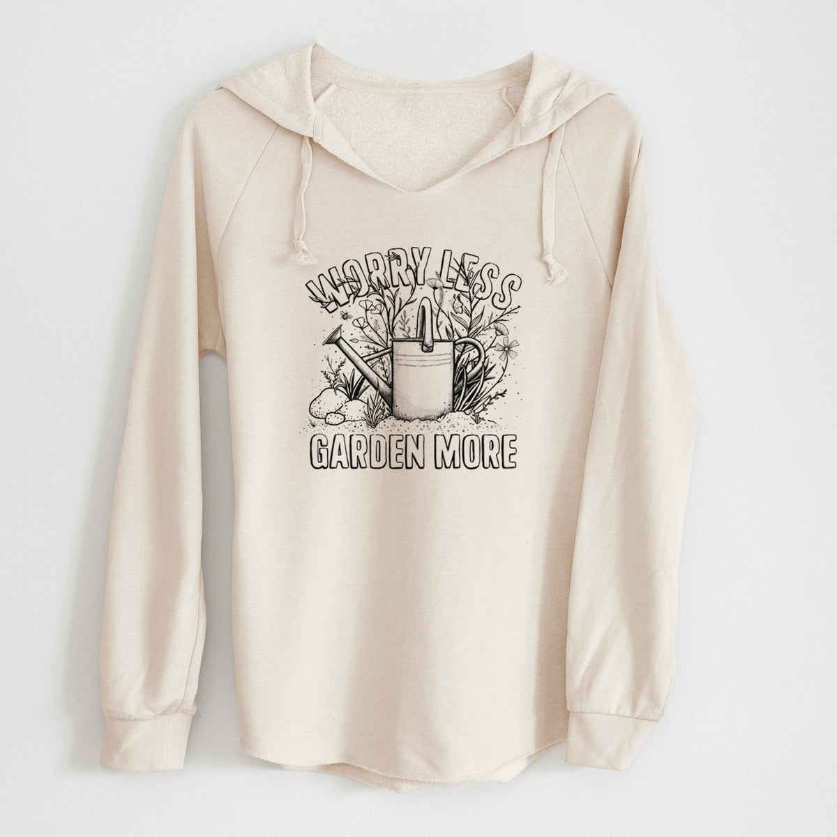 Bone cream women's Cali Wave hooded sweatshirt laid flat, printed with a black ink watering can surrounded by flowers and garden tools, with the words Worry Less, Garden More.