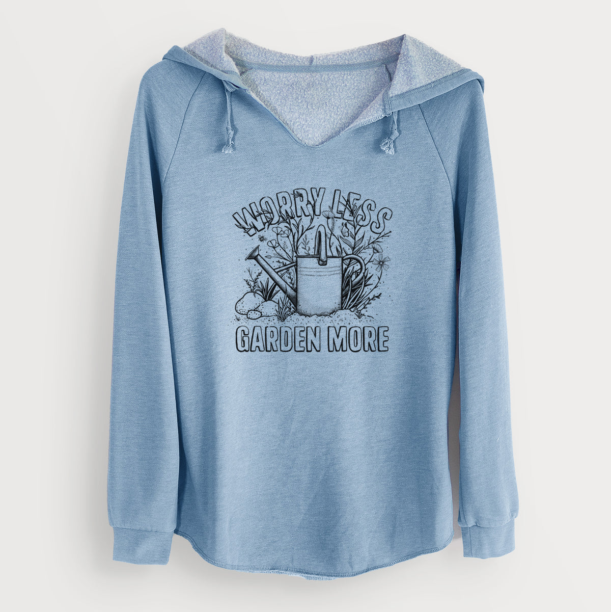 Misty blue women's Cali Wave hooded sweatshirt laid flat, printed with a black ink watering can surrounded by flowers and garden tools, with the words Worry Less, Garden More.