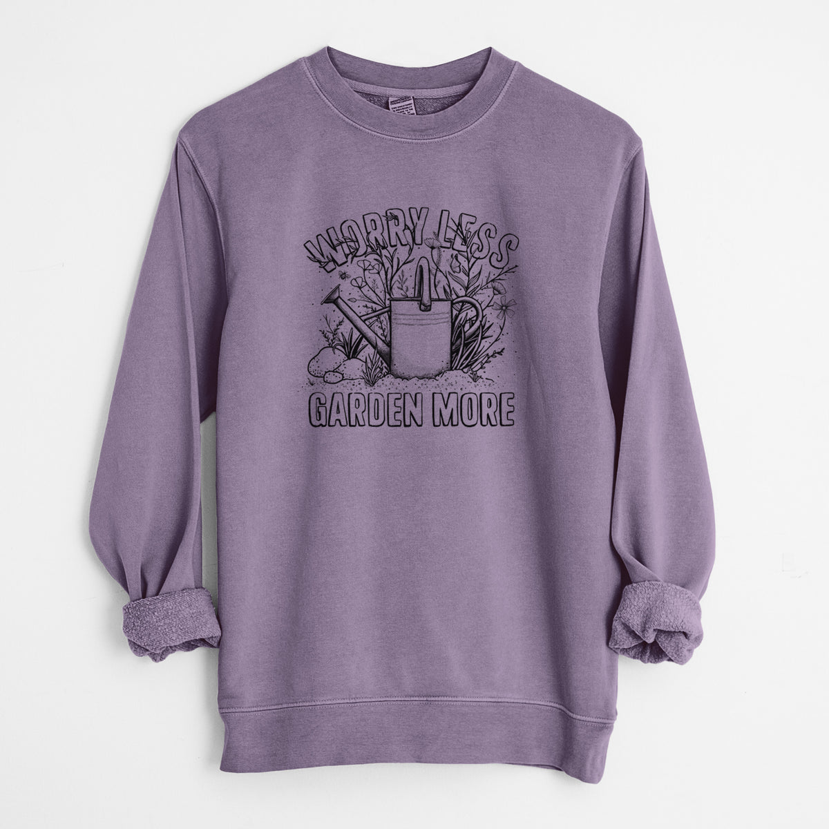 Worry Less — Garden More - Unisex Pigment Dyed Crew Sweatshirt in Plum