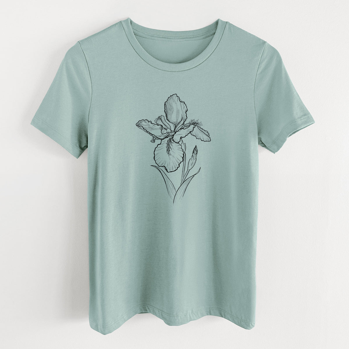 Dusty blue women's relaxed fit cotton t-shirt laid flat, printed with a black ink line drawing of a wall iris flower on its stem.