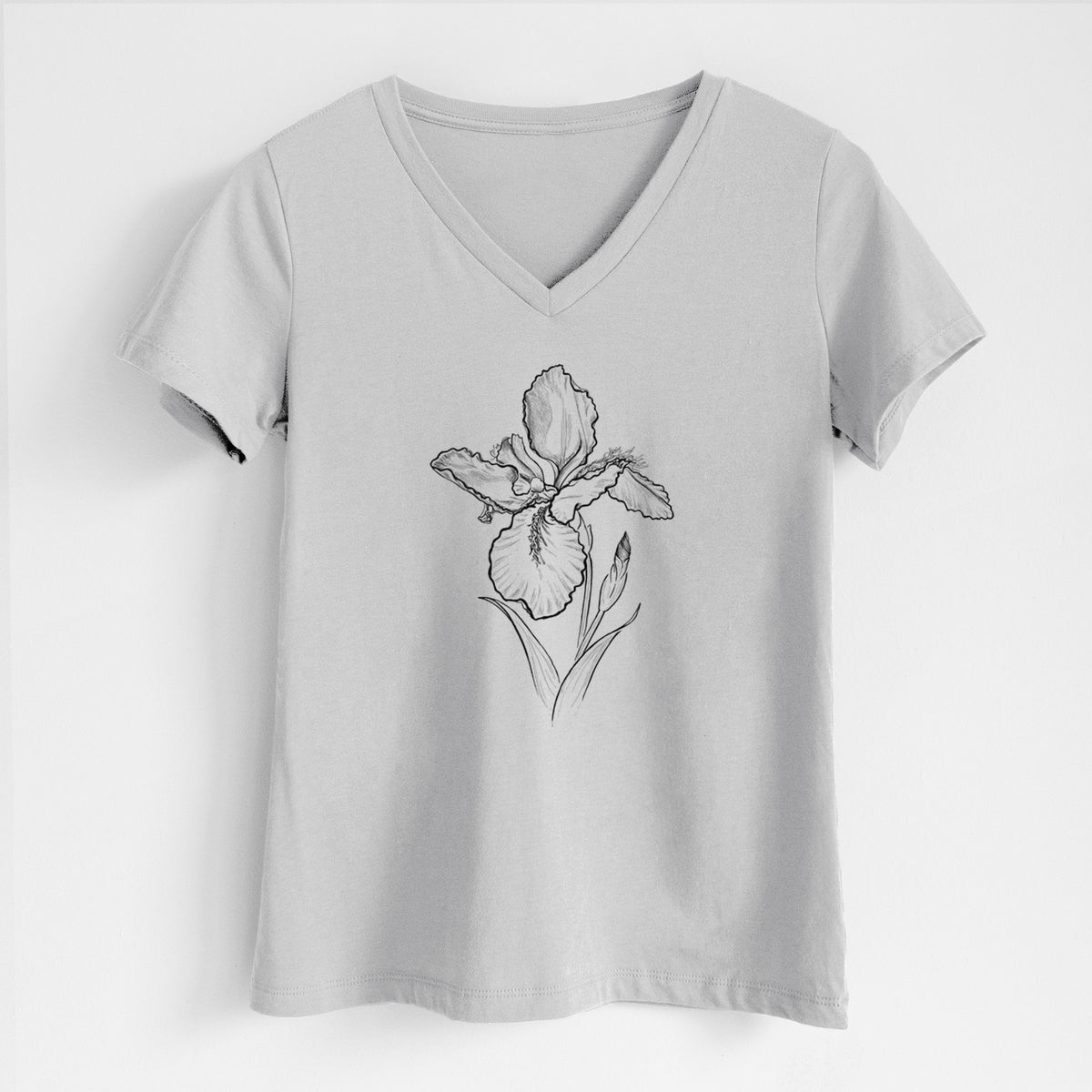 Lunar grey women's relaxed fit cotton V-neck t-shirt laid flat, printed with a black ink line drawing of a wall iris flower on its stem.