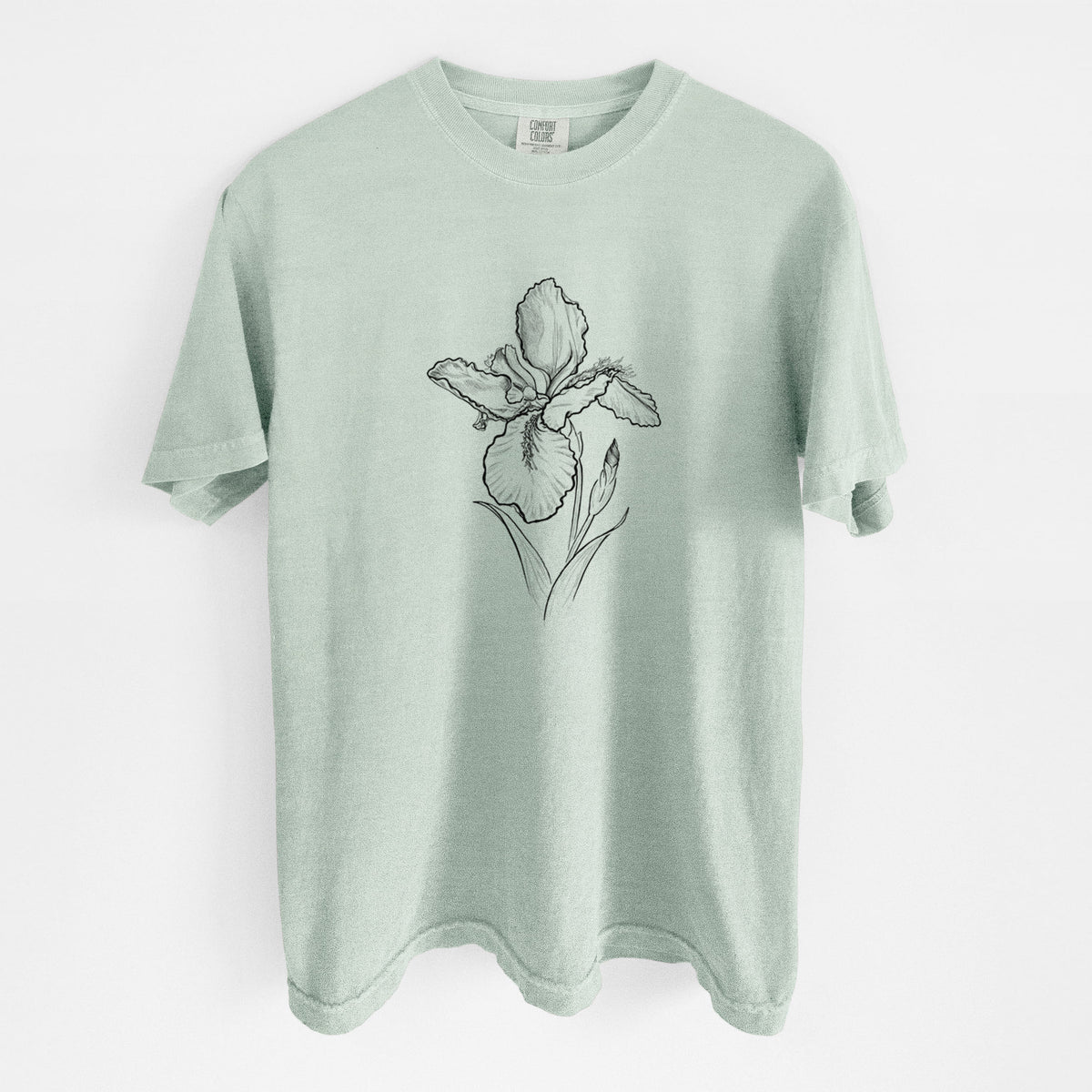 Bay green Comfort Colors t-shirt laid flat, printed with a black ink line drawing of a wall iris flower on its stem.