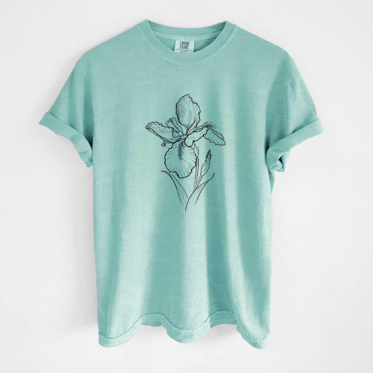 Chalky mint Comfort Colors t-shirt laid flat, printed with a black ink line drawing of a wall iris flower on its stem.