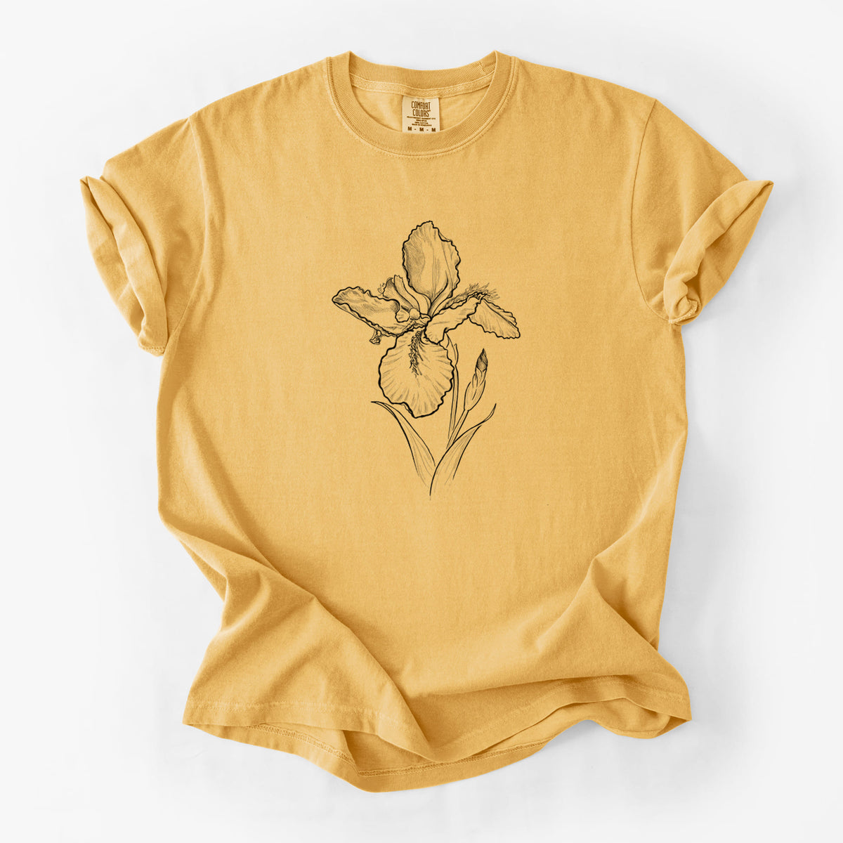 Golden wheat yellow Comfort Colors t-shirt laid flat, printed with a black ink line drawing of a wall iris flower on its stem.