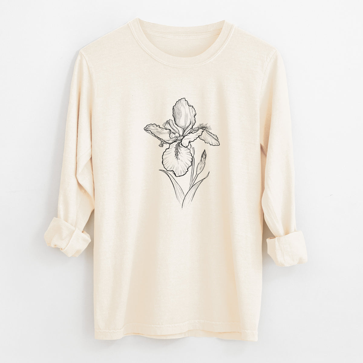 Ivory Comfort Colors long sleeve shirt laid flat with the cuffs rolled, printed with a black ink line drawing of a wall iris flower on its stem.