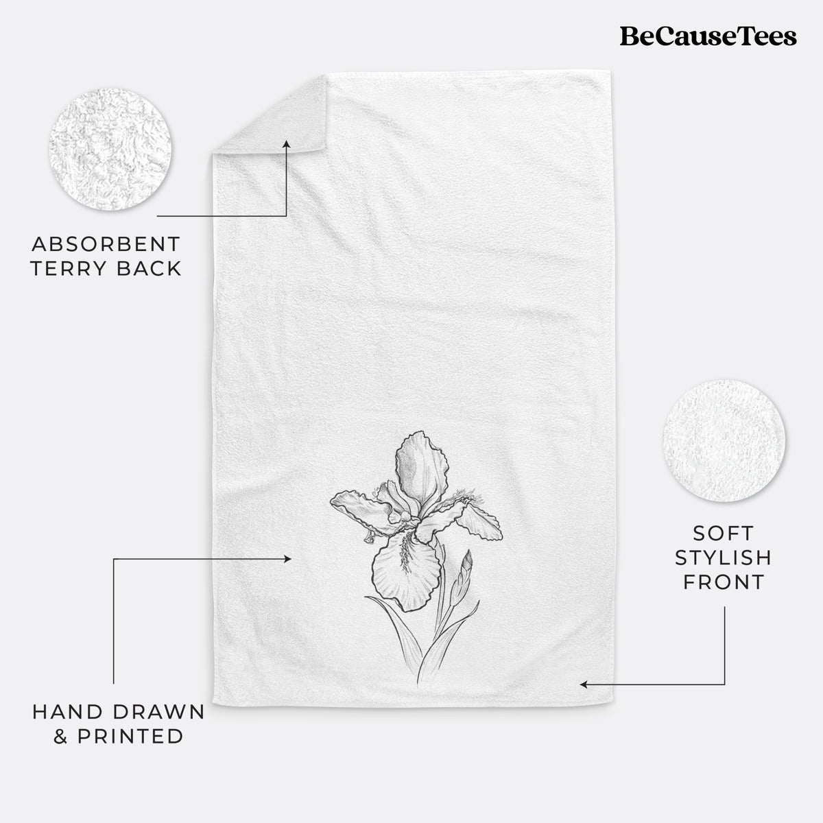 White hand towel printed with a black ink line drawing of a wall iris flower on its stem.