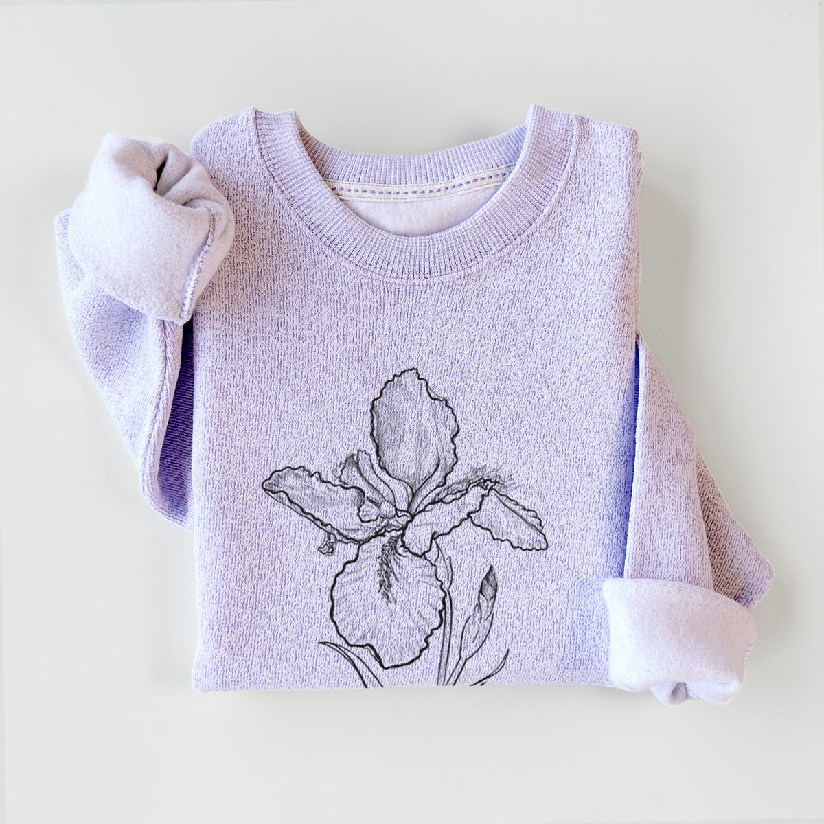 Ice purple knit sweatshirt printed with a black ink line drawing of a wall iris flower on its stem, styled flat.