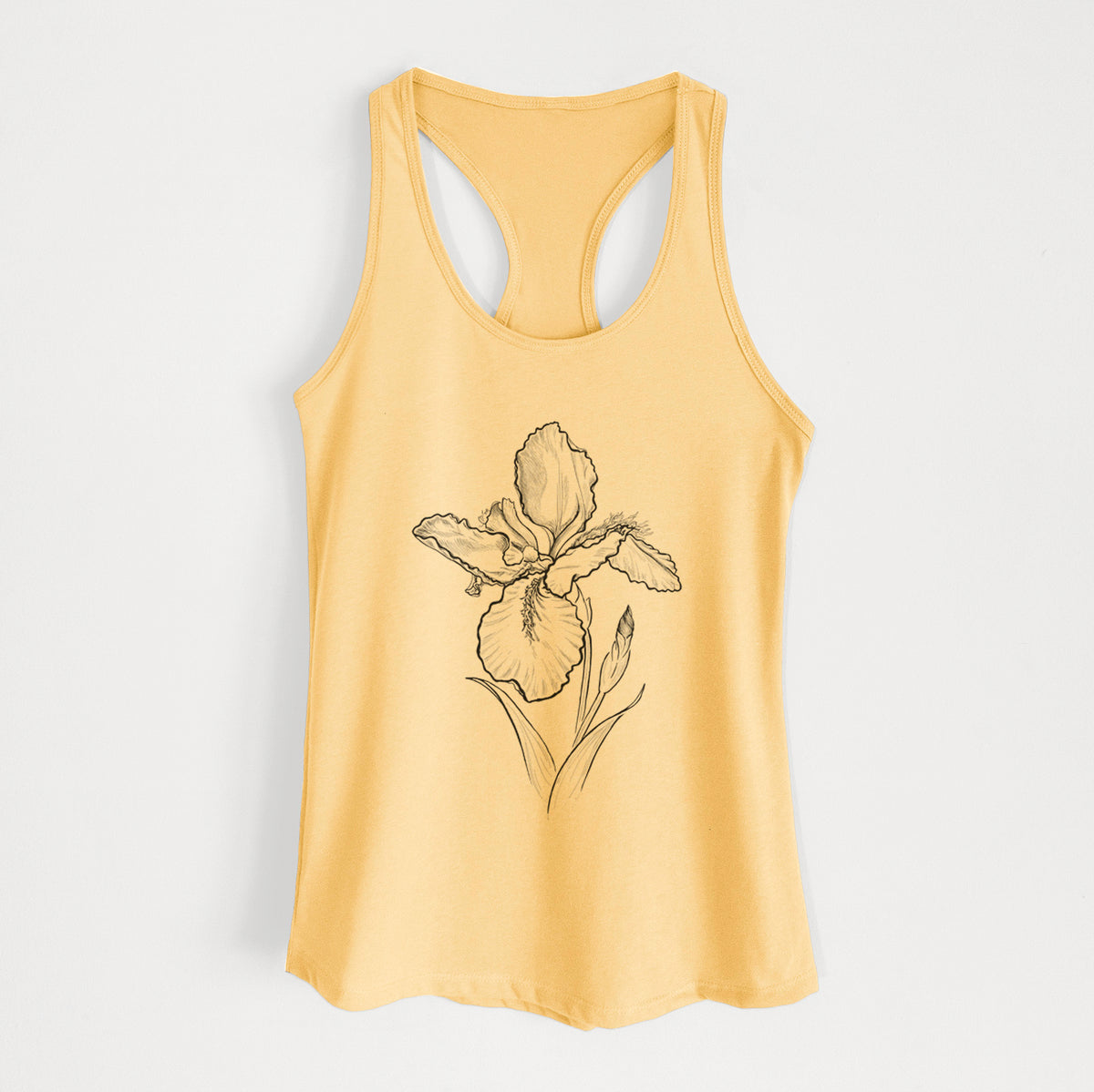 Banana cream women's racerback tank top laid flat, printed with a black ink line drawing of a wall iris flower on its stem.