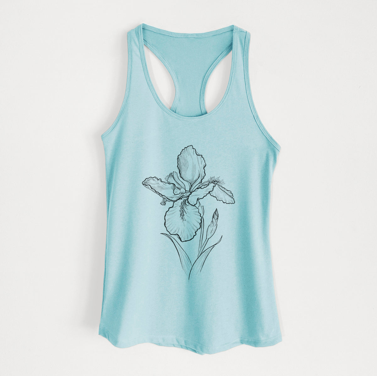 Cancun blue women's racerback tank top laid flat, printed with a black ink line drawing of a wall iris flower on its stem.