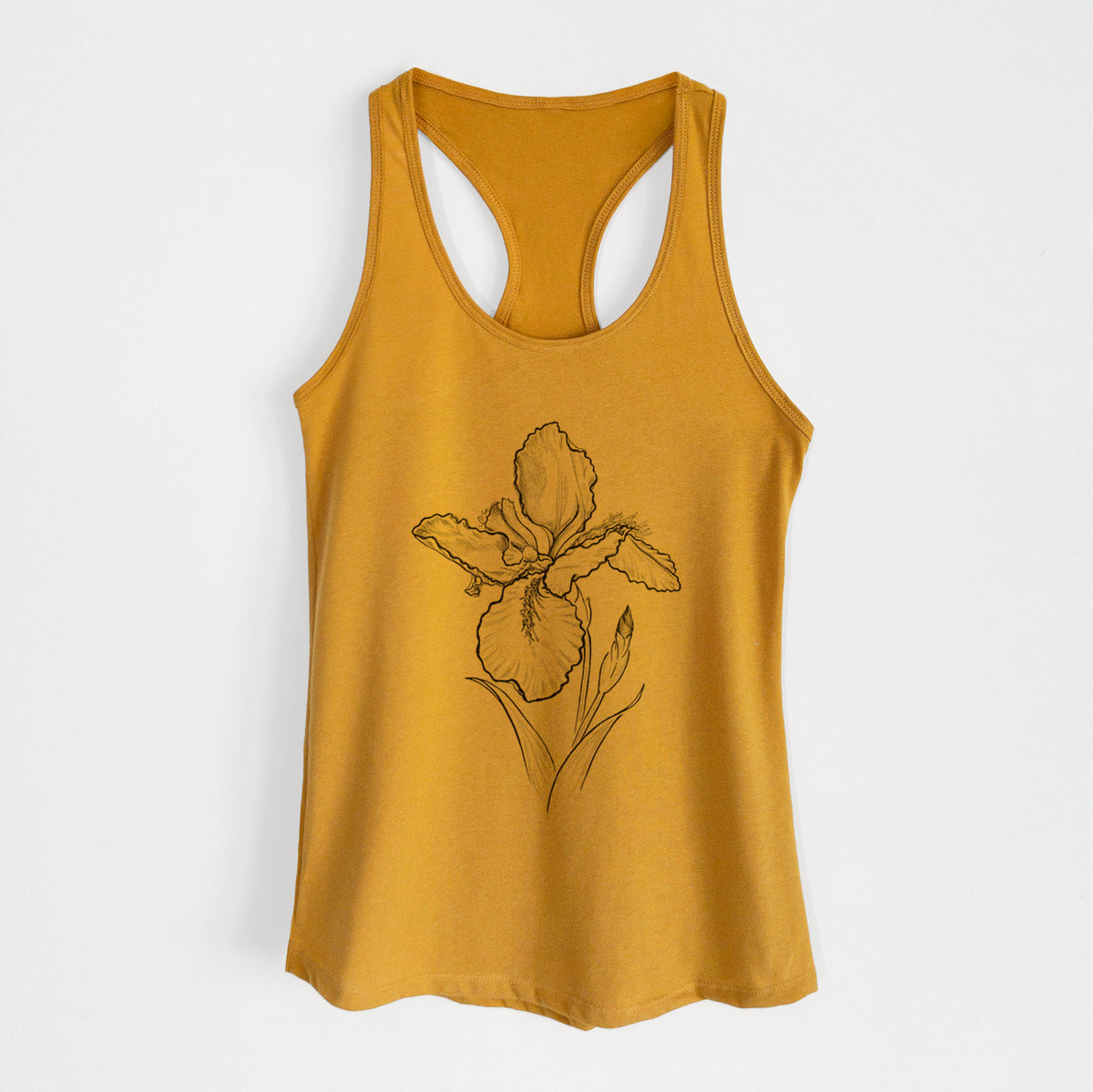 Gold women's racerback tank top laid flat, printed with a black ink line drawing of a wall iris flower on its stem.