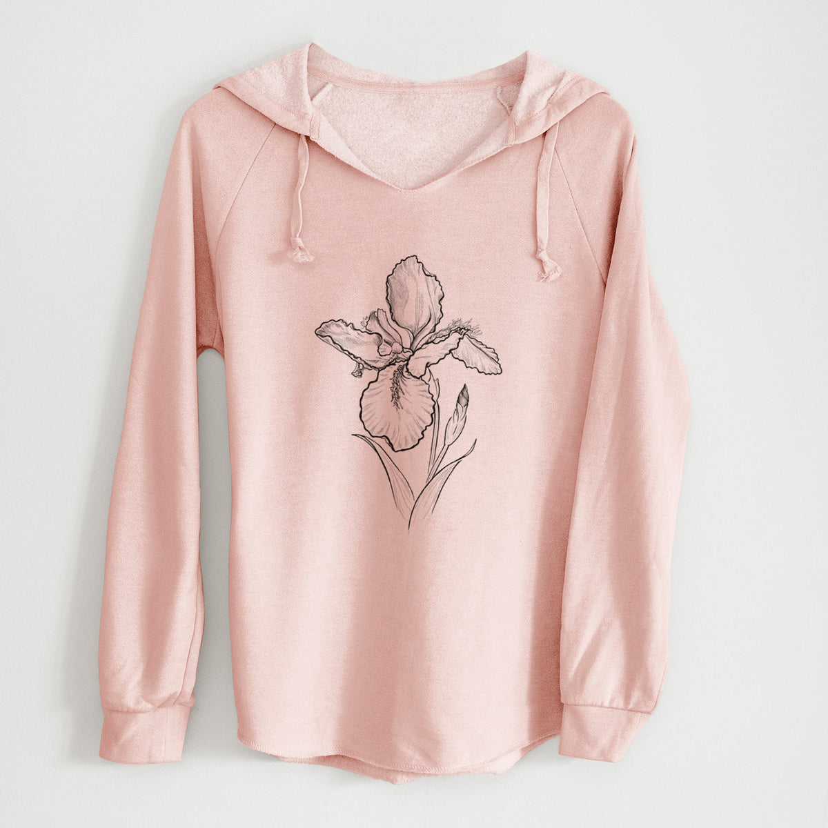 Blush pink women's Cali Wave hooded sweatshirt laid flat, printed with a black ink line drawing of a wall iris flower on its stem.