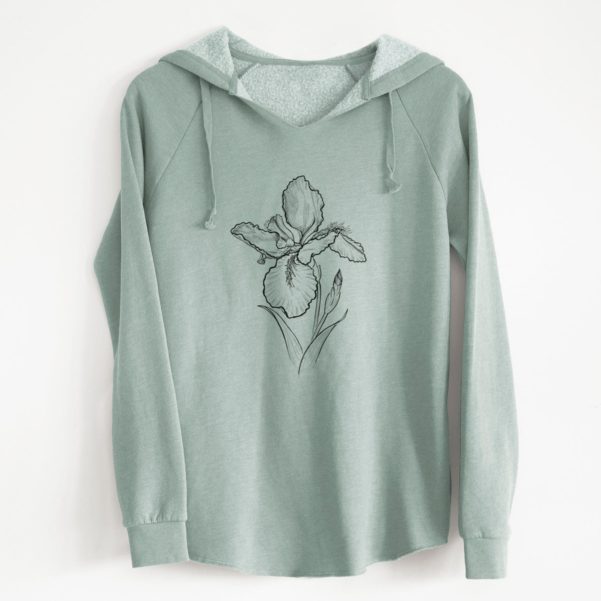 Sage green women's Cali Wave hooded sweatshirt laid flat, printed with a black ink line drawing of a wall iris flower on its stem.