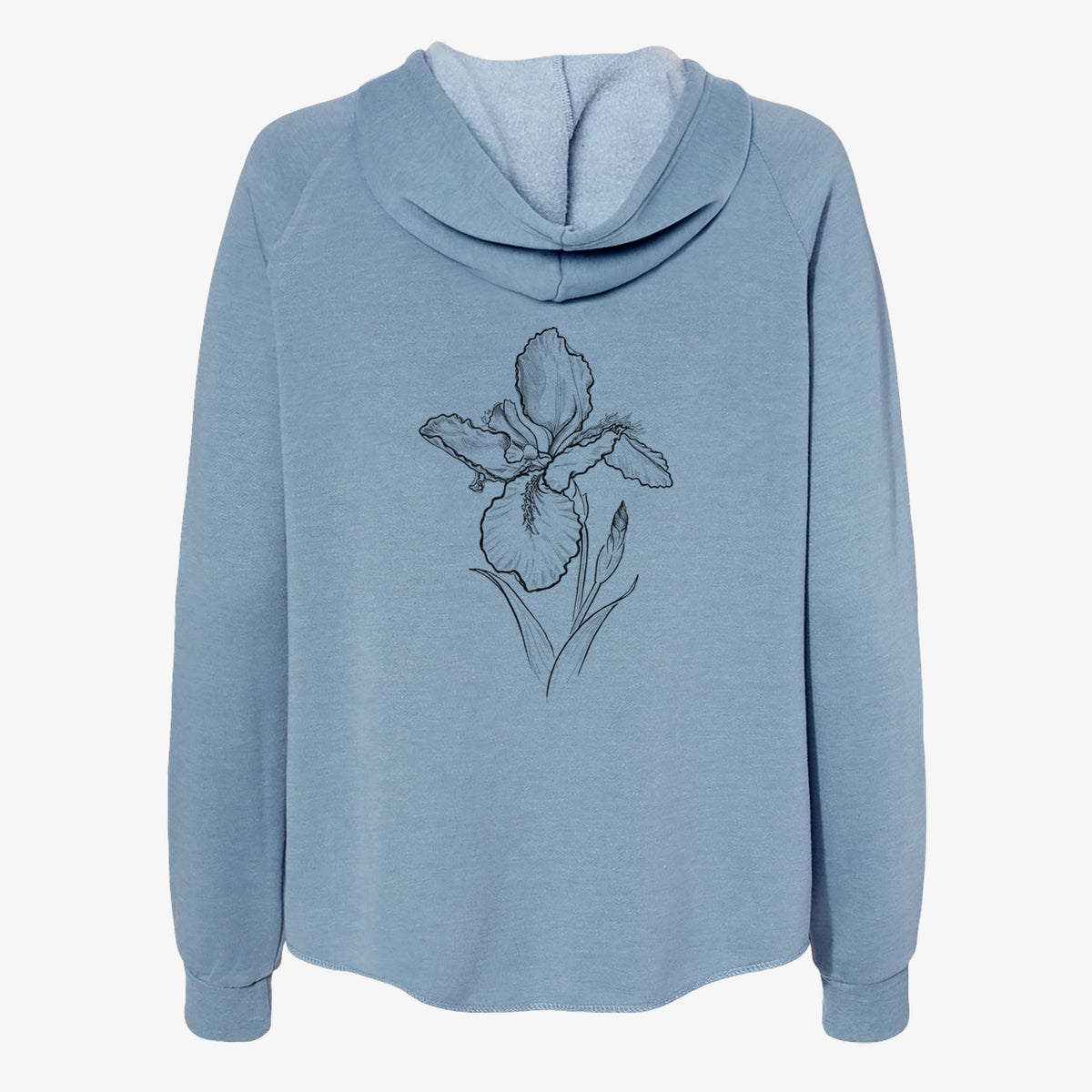 Misty blue women's Cali Wave zip-up sweatshirt laid flat, printed with a black ink line drawing of a wall iris flower on its stem.