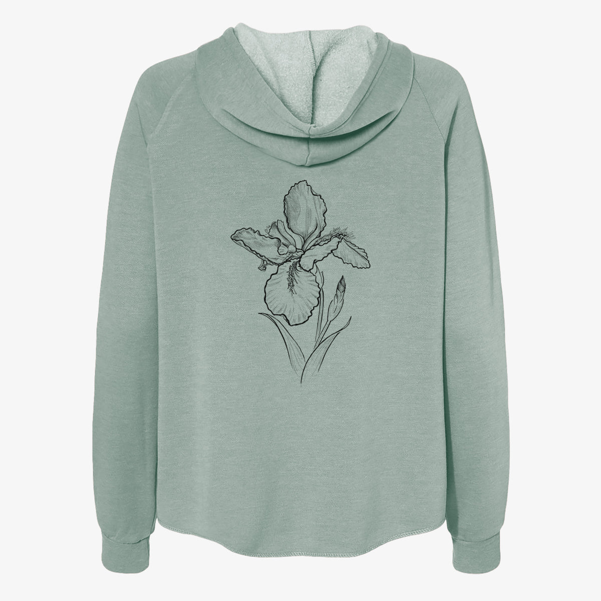 Sage green women's Cali Wave zip-up sweatshirt laid flat, printed with a black ink line drawing of a wall iris flower on its stem.
