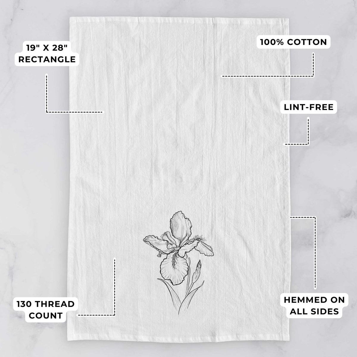White tea towel printed with a black ink line drawing of a wall iris flower on its stem, with feature labels: 19 by 28 inch rectangle, 100% cotton, lint-free, 130 thread count, hemmed on all sides.