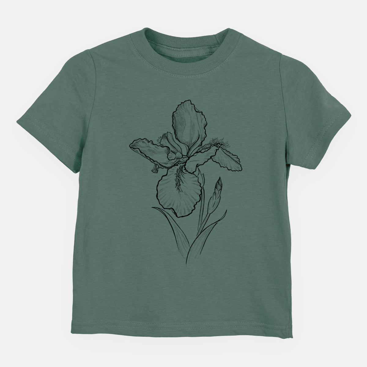 Basil green toddler t-shirt laid flat, printed with a black ink line drawing of a wall iris flower on its stem.