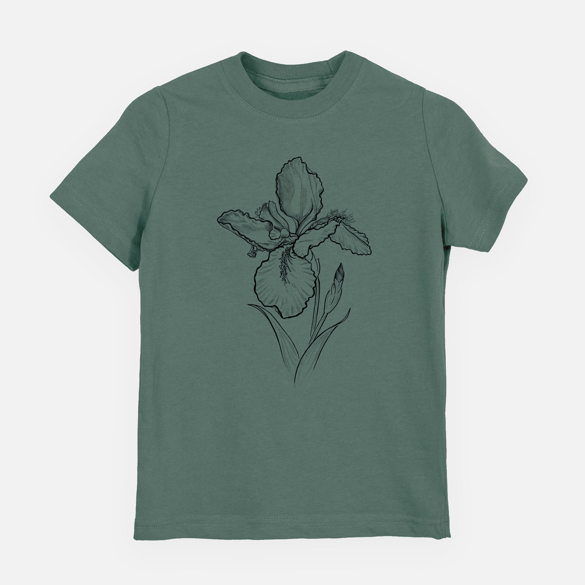 Basil green youth t-shirt laid flat, printed with a black ink line drawing of a wall iris flower on its stem.