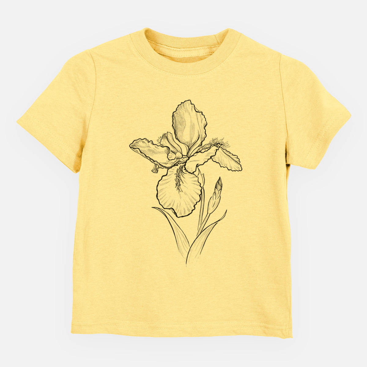 Butter yellow toddler t-shirt laid flat, printed with a black ink line drawing of a wall iris flower on its stem.