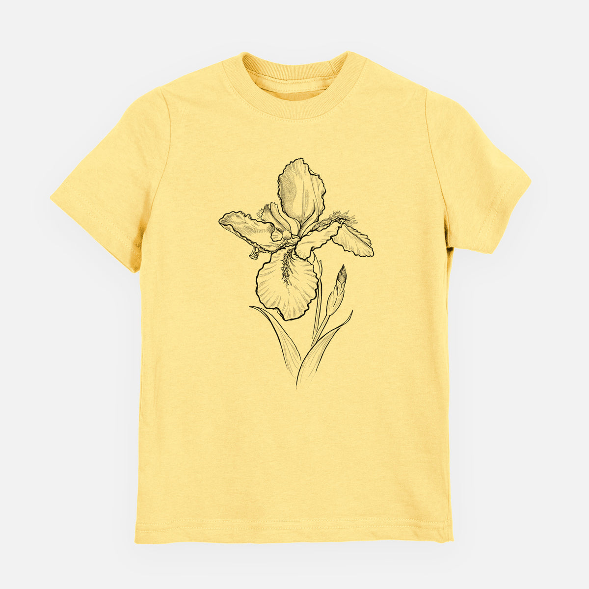 Butter yellow youth t-shirt laid flat, printed with a black ink line drawing of a wall iris flower on its stem.
