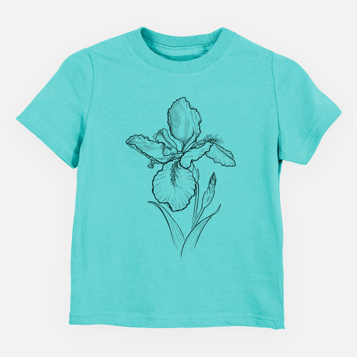 Caribbean blue toddler t-shirt laid flat, printed with a black ink line drawing of a wall iris flower on its stem.