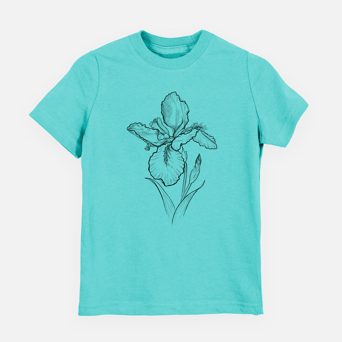 Caribbean blue youth t-shirt laid flat, printed with a black ink line drawing of a wall iris flower on its stem.